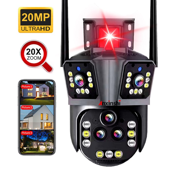 Hármas megfigyelő kamera CLC Smart Gear ZA-839P-PW-4, 20 MP, 10K Ultra HD, 20-szoros optikai zoom, éjszakai látás, Wi-Fi és kábel, AI-követés, intelligens mozgásérzékelő, kétirányú hang, IP66, felhő és microSD tárhely – fejlett biztonság