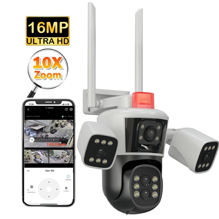 Camera Supraveghere Tripla 8K, 16MP, Zoom 10X – ZeroSecrets | Auto-Tracking, Vedere Nocturna Color, WiFi & Ethernet, Audio Bidirectional, IP66 Rezistenta la Apa, Control prin Aplicatie, Detectie Miscare si Alerte Telefon, Stocare Cloud + Card SD