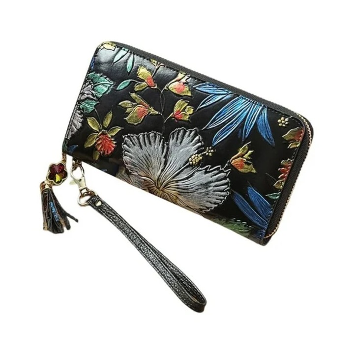 Portofel de Dama din Piele Naturala Clavi, Spatios, Imprimare Tridimensionala cu Flori, cu Protectie RFID, Dimensiuni 20x10.5x2.5 cm, Negru