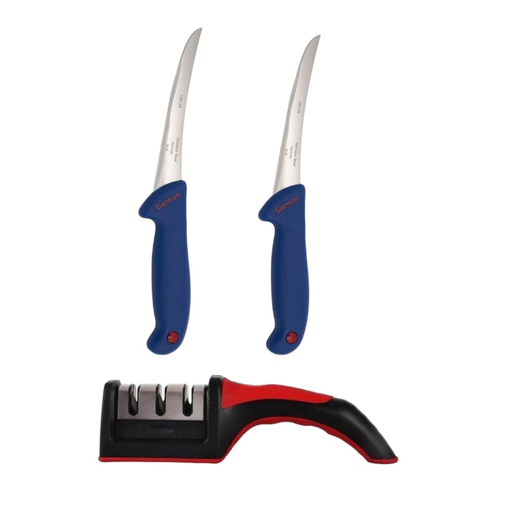 Set pentru macelarie KAVI ONE 3 piese, 2x cutite transat lama 15 cm, 1x dispozitiv manual ascutit cutite