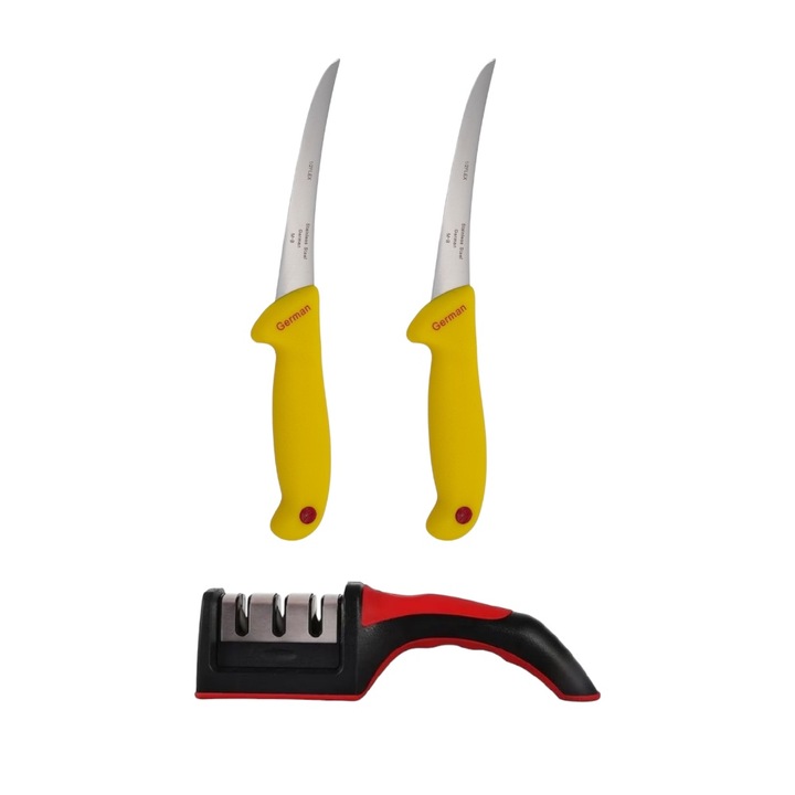 Set pentru macelarie KAVI ONE 3 piese, 2x cutit dezosat otel inoxidabil, 1x dispozitiv ascutire