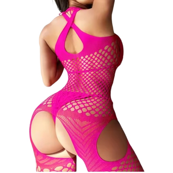 Body sexy din plasa, Decupaj in zona intima, CRT, Pro Play, Elastic, Marime universala, Roz