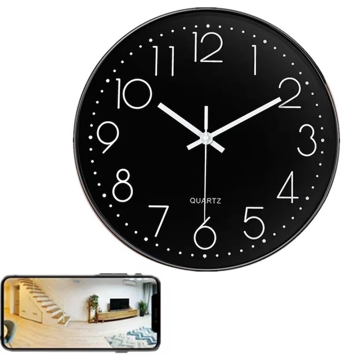 Стенен часовник със скрита шпионска камера за наблюдение, Onshop, Wi-Fi, черен