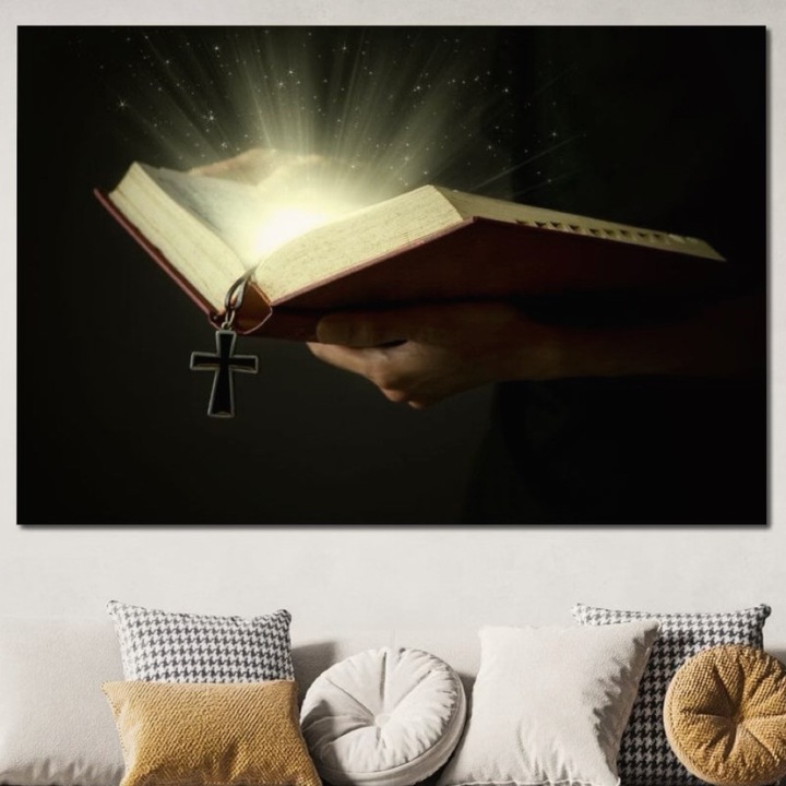 Премиум картина върху платно, LuxCanva® H1009, Библия и Света светлина, 100 X 150 CM, 100% памучно платно 400g/m2, дървена рамка, Библия, Светлина, Кръст, Истина, Свещенство, Спасение, Душа, Божествено, Хол, Спалня