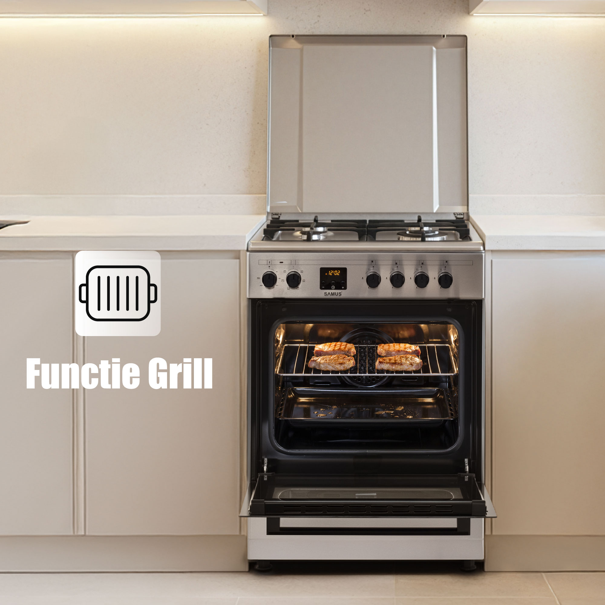 Aragaz Samus SM663AENS1 INOX, 4 arzatoare gaz, cuptor electric, 56 L, 7 functii, Ventilator, Grill, Timer digital, Inox