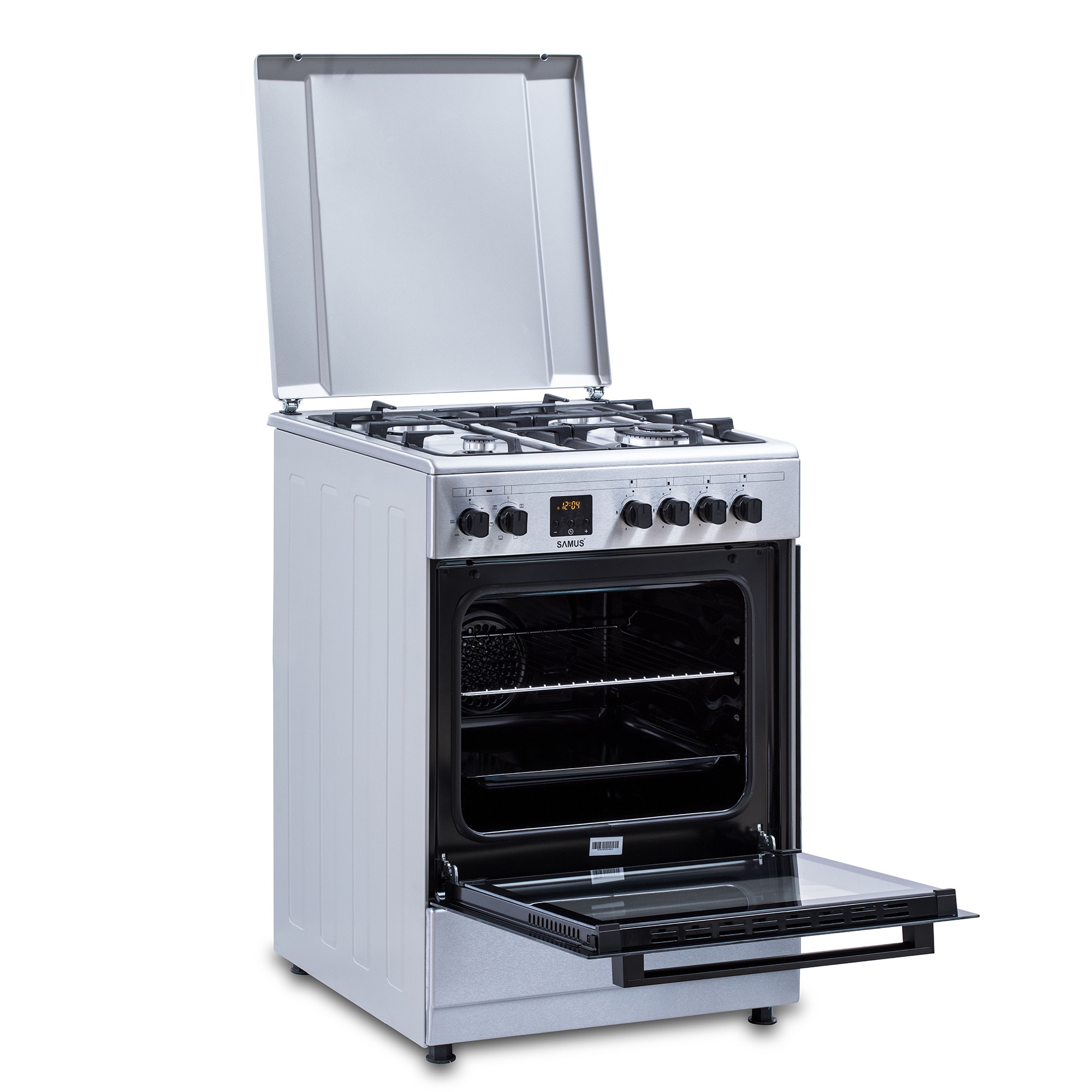 Aragaz Samus SM663AENS1 INOX, 4 arzatoare gaz, cuptor electric, 56 L, 7 functii, Ventilator, Grill, Timer digital, Inox