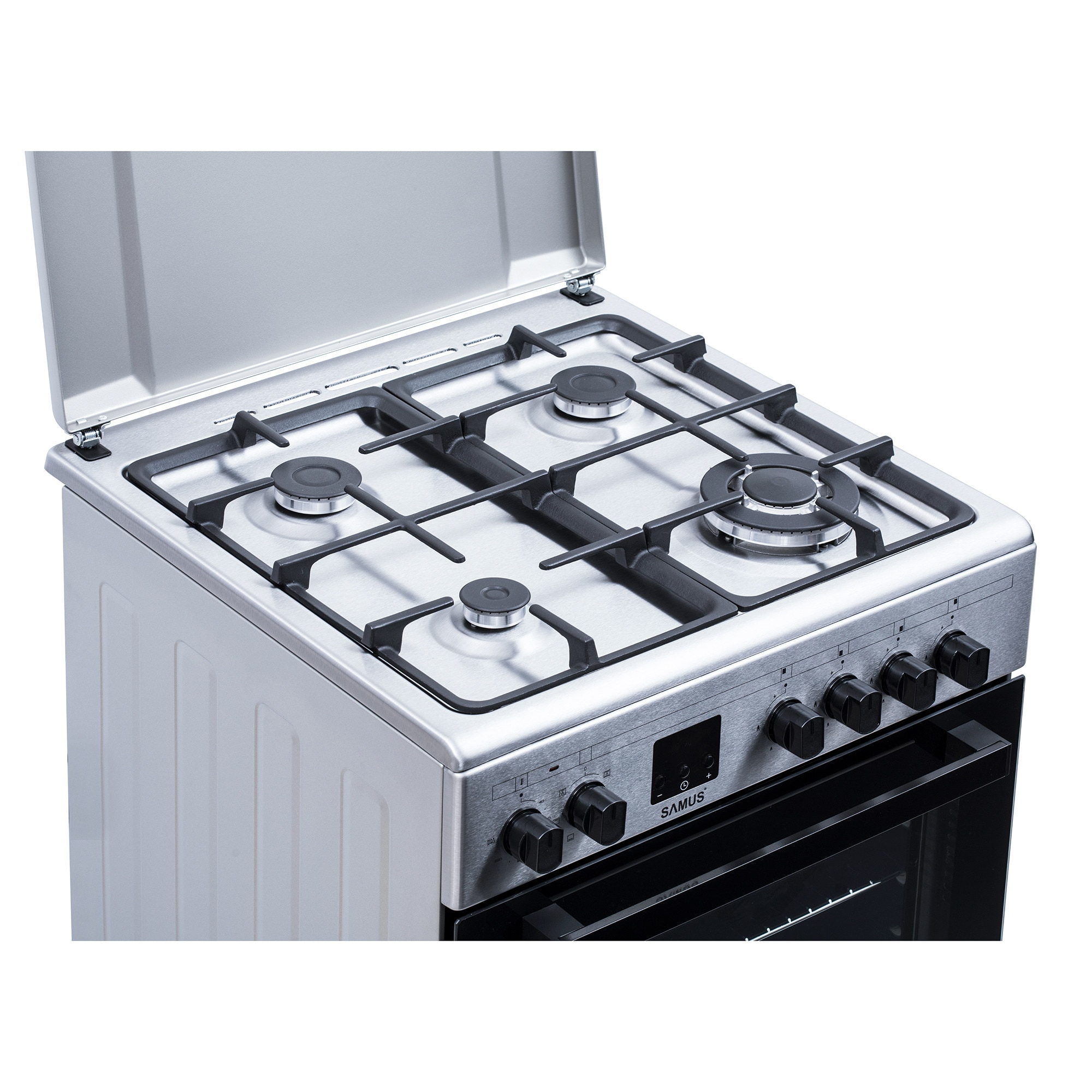 Aragaz Samus SM663AENS1 INOX, 4 arzatoare gaz, cuptor electric, 56 L, 7 functii, Ventilator, Grill, Timer digital, Inox