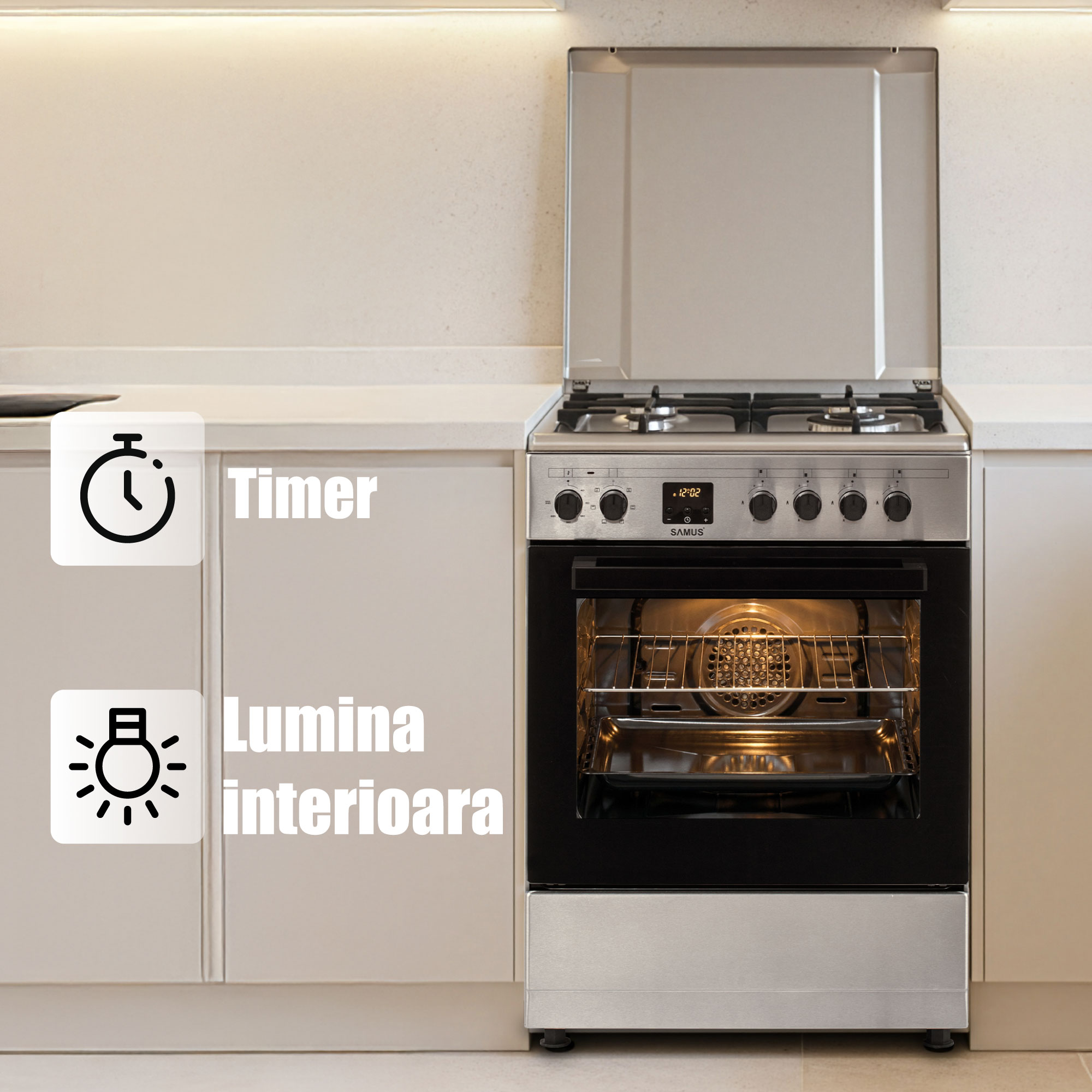 Aragaz Samus SM663AENS1 INOX, 4 arzatoare gaz, cuptor electric, 56 L, 7 functii, Ventilator, Grill, Timer digital, Inox