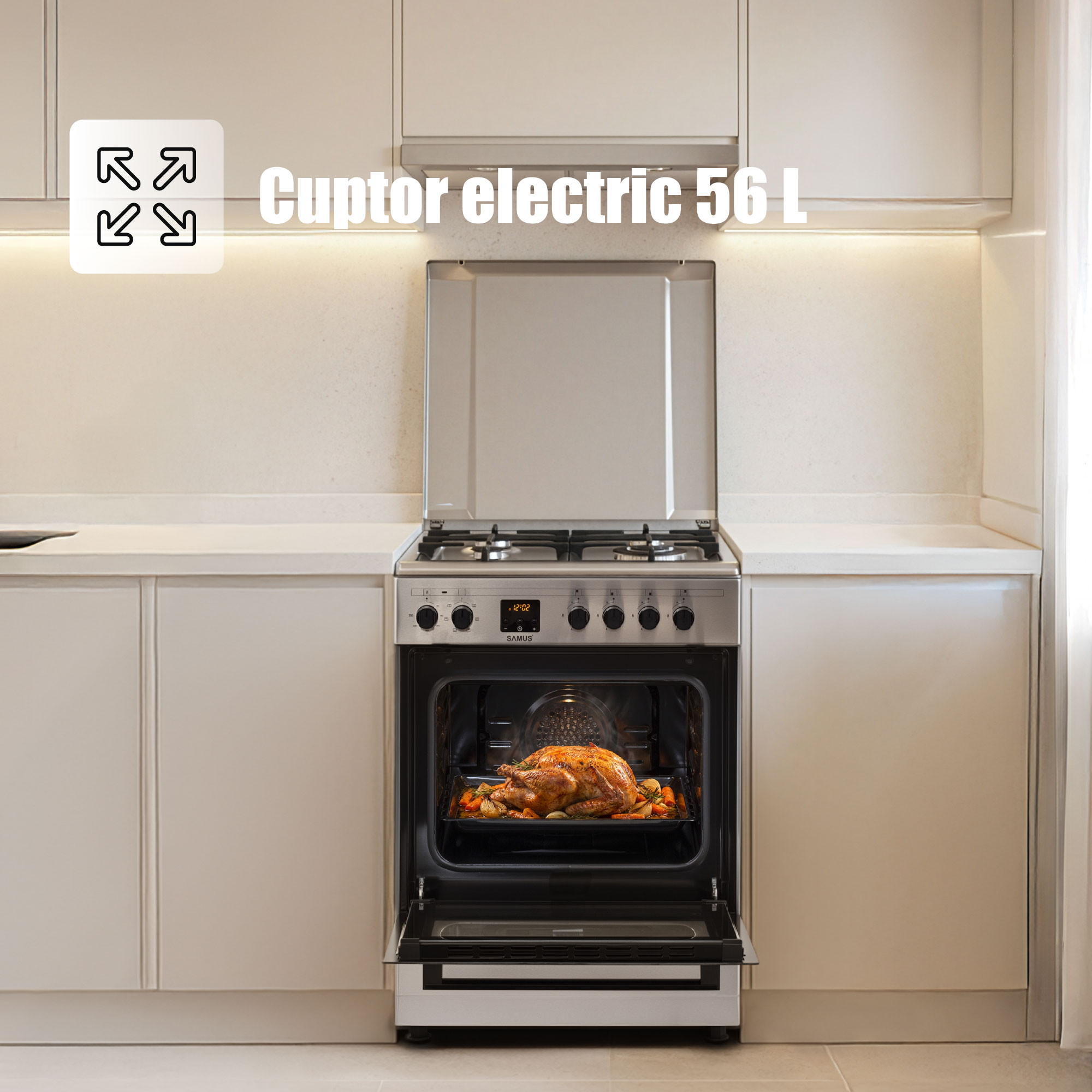 Aragaz Samus SM663AENS1 INOX, 4 arzatoare gaz, cuptor electric, 56 L, 7 functii, Ventilator, Grill, Timer digital, Inox