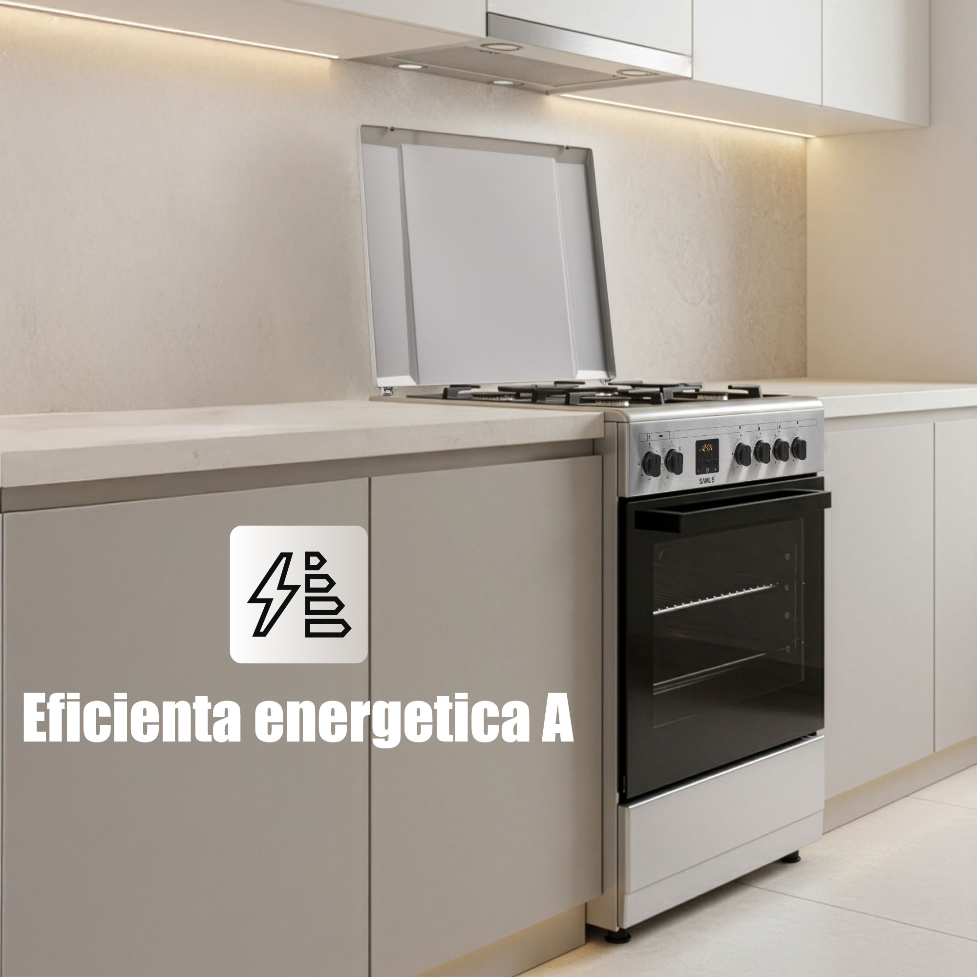 Aragaz Samus SM663AENS1 INOX, 4 arzatoare gaz, cuptor electric, 56 L, 7 functii, Ventilator, Grill, Timer digital, Inox