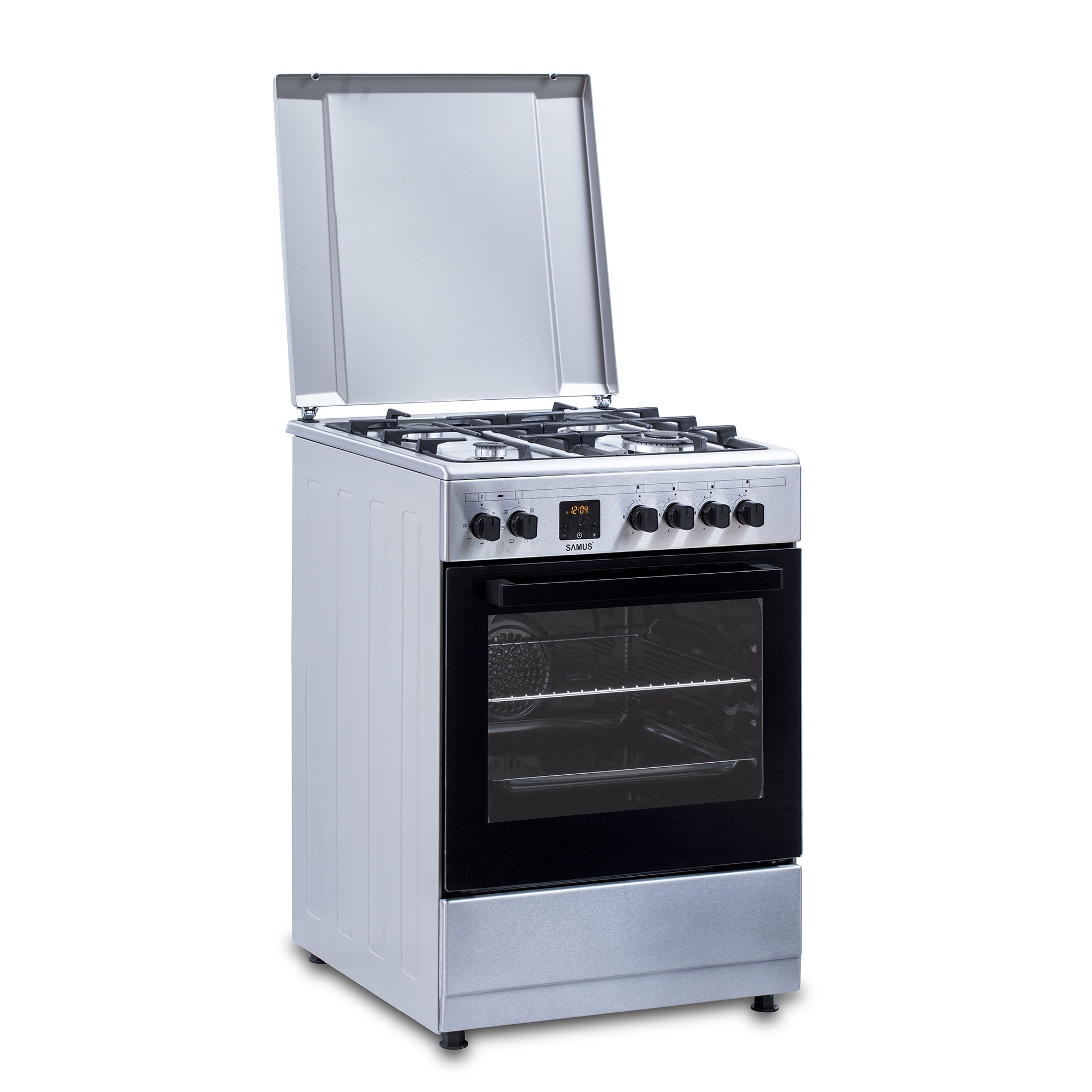 Aragaz Samus SM663AENS1 INOX, 4 arzatoare gaz, cuptor electric, 56 L, 7 functii, Ventilator, Grill, Timer digital, Inox