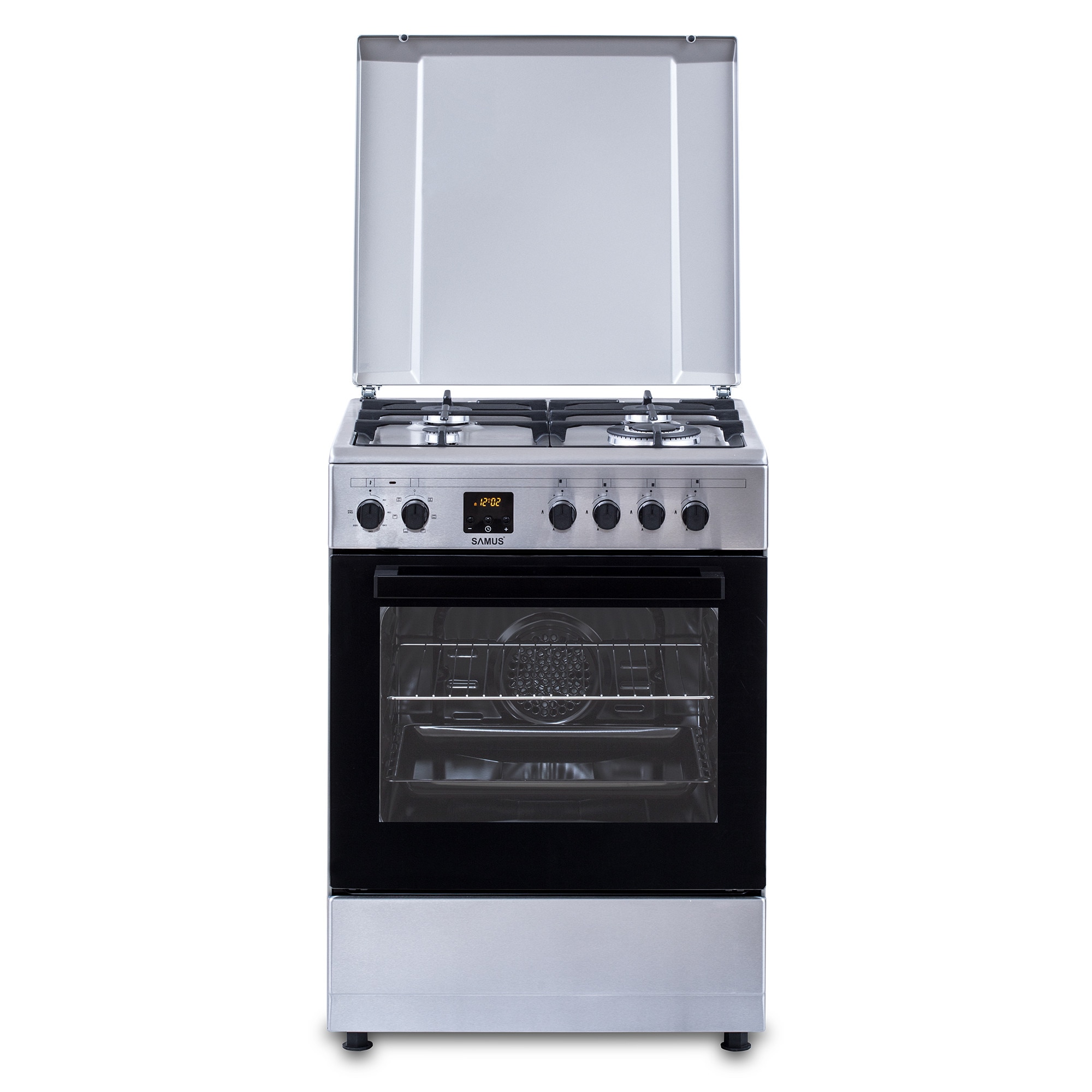 Aragaz Samus SM663AENS1 INOX, 4 arzatoare gaz, cuptor electric, 56 L, 7 functii, Ventilator, Grill, Timer digital, Inox