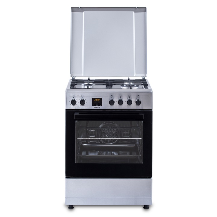 Aragaz Samus SM663AENS1 INOX, 4 arzatoare gaz, cuptor electric, 56 L, 7 functii, Ventilator, Grill, Timer digital, Inox