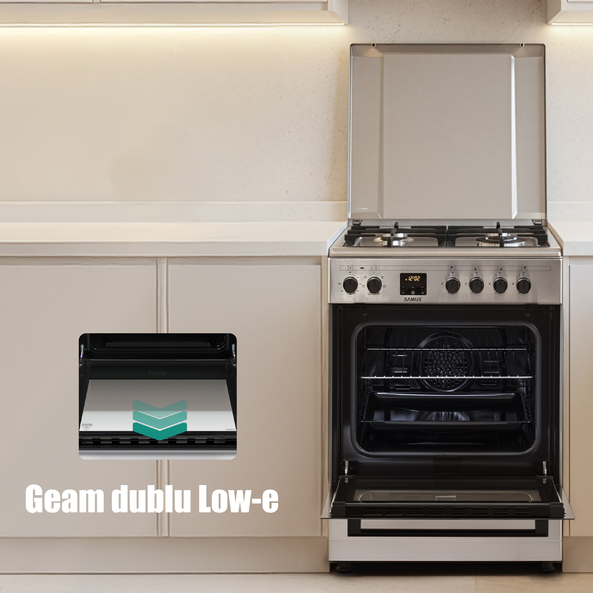 Aragaz Samus SM663AENS1 INOX, 4 arzatoare gaz, cuptor electric, 56 L, 7 functii, Ventilator, Grill, Timer digital, Inox