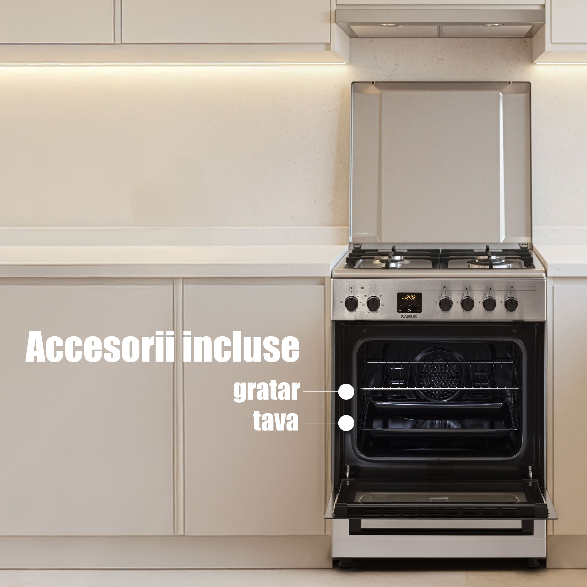 Aragaz Samus SM663AENS1 INOX, 4 arzatoare gaz, cuptor electric, 56 L, 7 functii, Ventilator, Grill, Timer digital, Inox