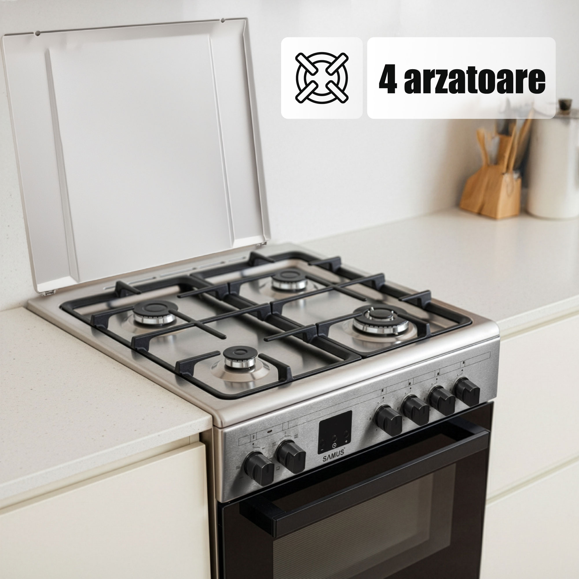 Aragaz Samus SM663AENS1 INOX, 4 arzatoare gaz, cuptor electric, 56 L, 7 functii, Ventilator, Grill, Timer digital, Inox