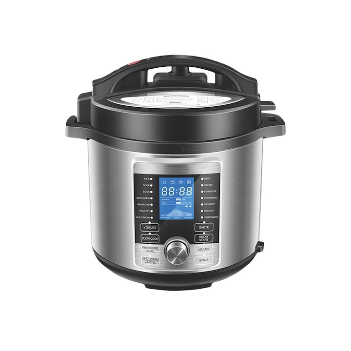 Fierbator de orez, 6L, 1000W, oala interioara cu strat neaderent, afisaj LCD, buton de control, functie de memorare a intreruperii alimentarii, protectie la temperatura, gri