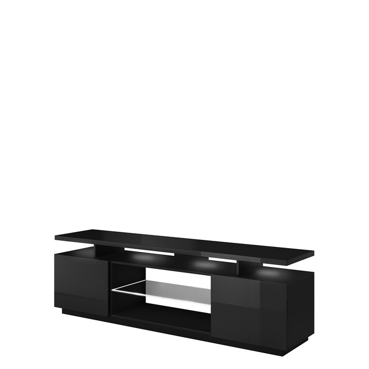 Comoda TV Aniceto cu LED, MIRJAN24, negru / negru lucios, 180x56x40 cm