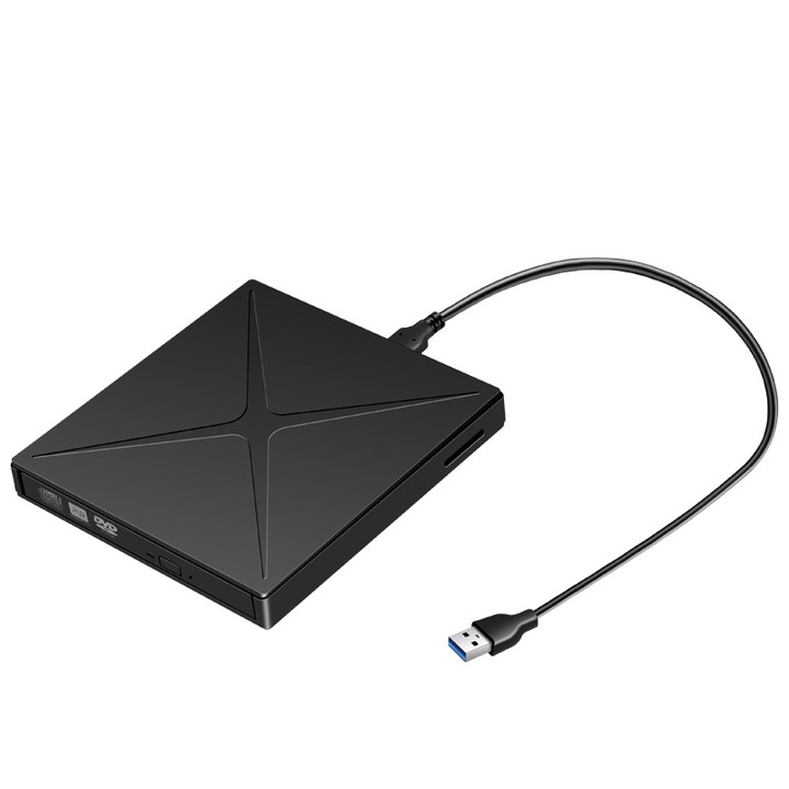 Външен DVD рекордер, USB 3.0, CD, DVD +/-, външен преносим, Micro SD, съвместим с лаптоп, настолен компютър, черен