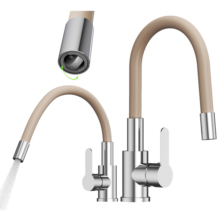 Baterie De Bucatarie, Granitan, Grado Plus, Duza Flexibila, Bej, Perlator Rotativ, Alama, Crom, Duza 360°, Set De Montaj