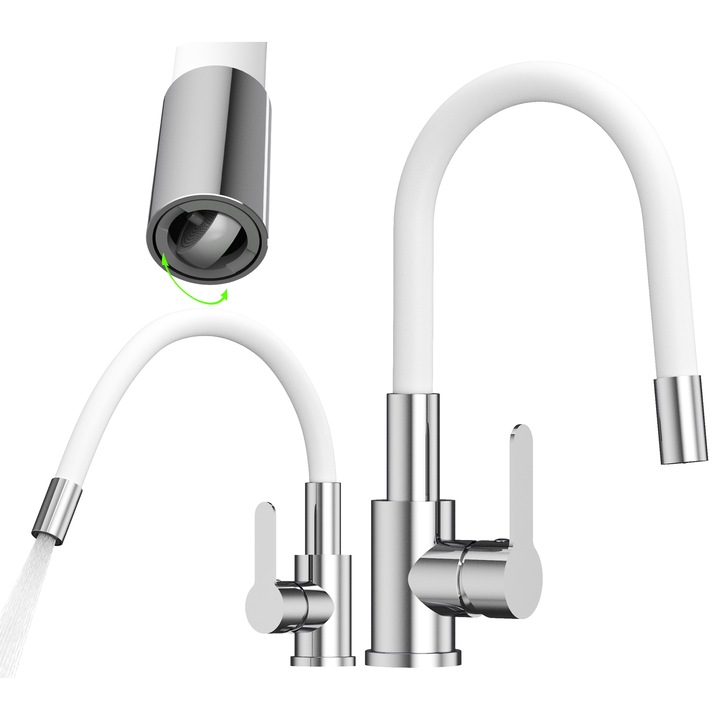 Baterie De Bucatarie, Granitan, Grado Plus, Duza Flexibila, Alb, Perlator Rotativ, Doua Jeturi De Apa, Alama, Set De Montaj