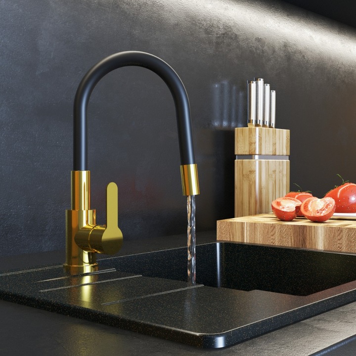 Кухненски кран, Granitan, Grado Plus, злато, гъвкава дюза, въртящ се аератор, месинг, хром, регулируема дължина на дюзата 23-32 см, два вида водоструйка