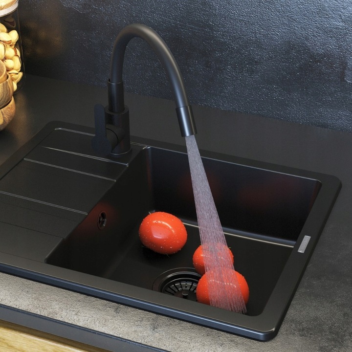 Кухненски пакет, Granitan, Grado Plus, черен кухненски кран, черен диспенсър за течности, черен сифон с едно отделение, черен рафт за мивка