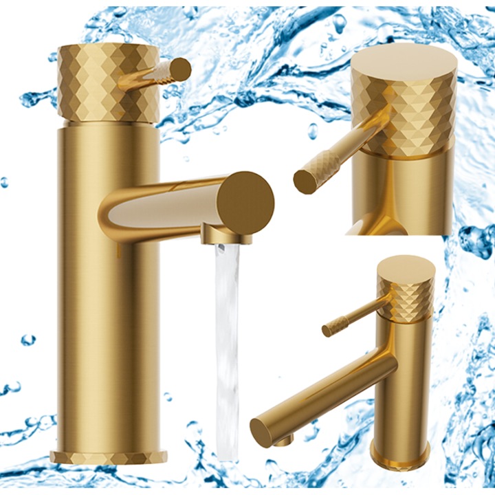 Кран за мивка, гранит, Glami, малък, матирано злато, ергономична дръжка, на стойка, 3/8 инча, 178 mm височина, 170 mm радиус, 52 mm диаметър на основата