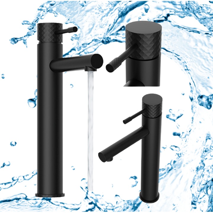 Смесител за мивка, гранит, Glami, висок, с една ръкохватка, черен, за монтаж на плот, с метален корпус, височина 296 mm, обхват на дюзата 170 mm, диаметър на тялото 45 mm