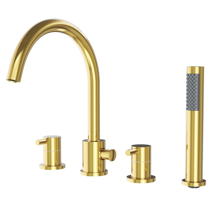 Baterie De Baie Si Dus, Granitan, Kivo, 4-Orificii, Aurie, Cu Dus Mobil Si Robinet Rotativ, Set De Montaj Inclus