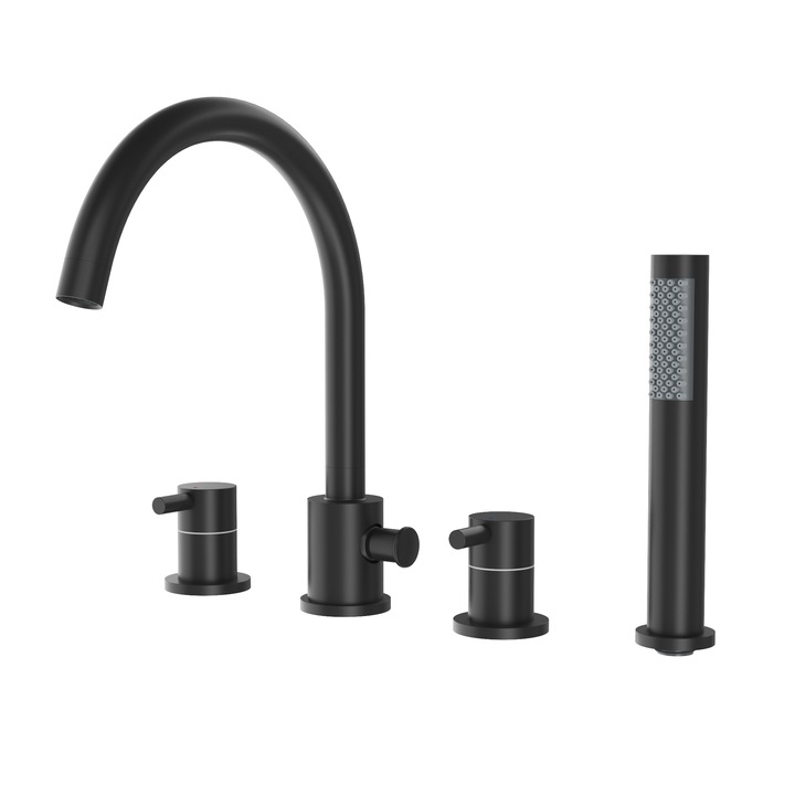 Baterie De Baie Si Dus, Granitan, Kivo, 4-Orificii, Neagra, Cu Dus Detasabil, Robinet Rotativ, Cap Ceramic, Set De Montaj Inclus