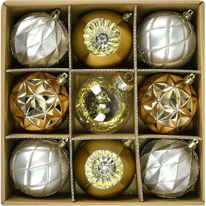 Set 9 globuri Craciun Beinhome, 8 cm, argintiu si auriu, din plastic rezistent