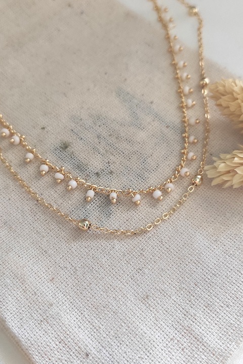 Atelier Miu, Set de colier din alama si bratara cu cristale - 2 piese, Alb, Auriu