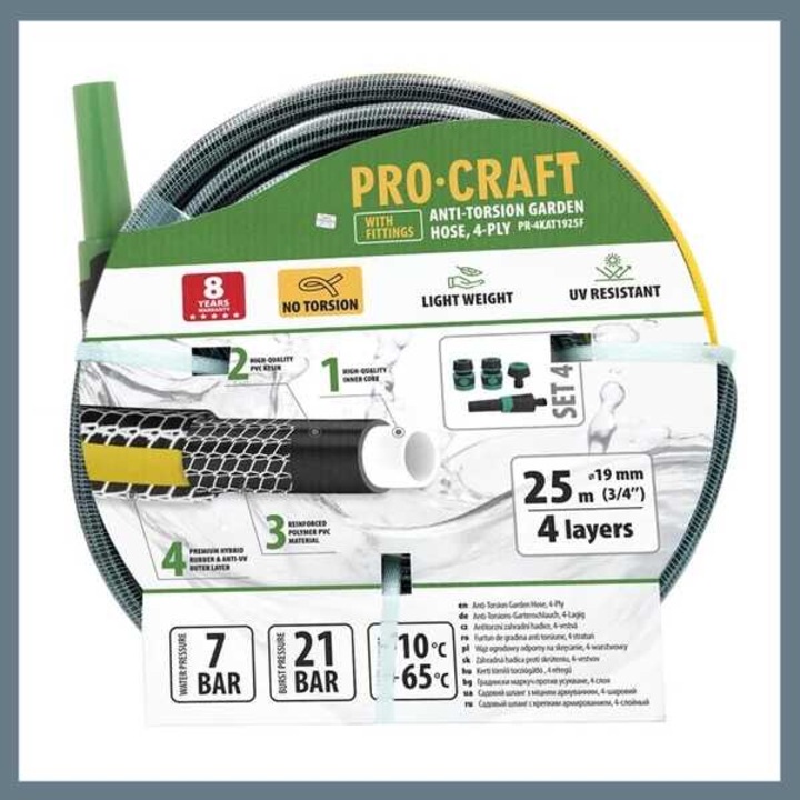 Prokraft PR-4KAT 1925F Kerti tömlő/slag, 2db gyors fejjel,1 db toldó és 1db szoró fejjel, Uv álló, 24 bar, 25 m, 3/4
