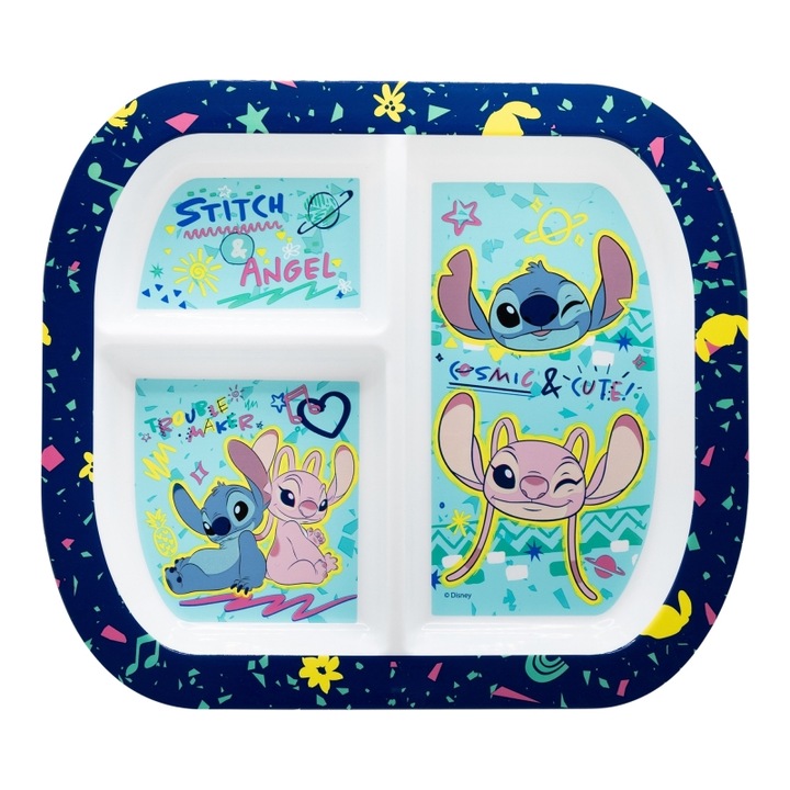 Farfurie melamina compartimentata Lilo & Stitch 22x19.5x1.8 cm Albastru 200 ml