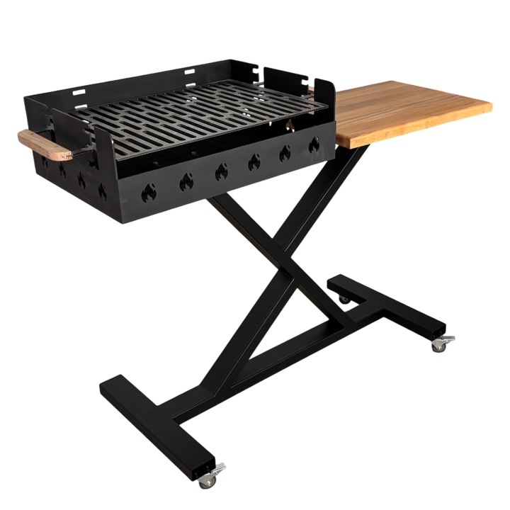 Gratar gradina portabil, premium, cu masa lucru, reglabil pe inaltime de gatire, din otel carbon, suport de lucru, pentru camping, buz