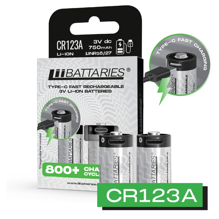 Set 2 acumulatori, CR123A, LiiBatteries, 750mAh, USB-C, 11x69mm