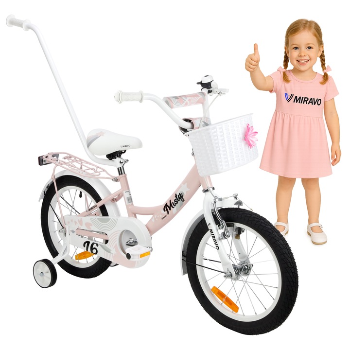 Bicicleta copii, Miravo, 16 inci, Roz-alb, Pentru fete, Cu pedale, Fren v, Jante din Otel, Protectie pentru lant, Greutate 11 kg, Pentru copii de 4 ani, Inaltime 100-120 cm