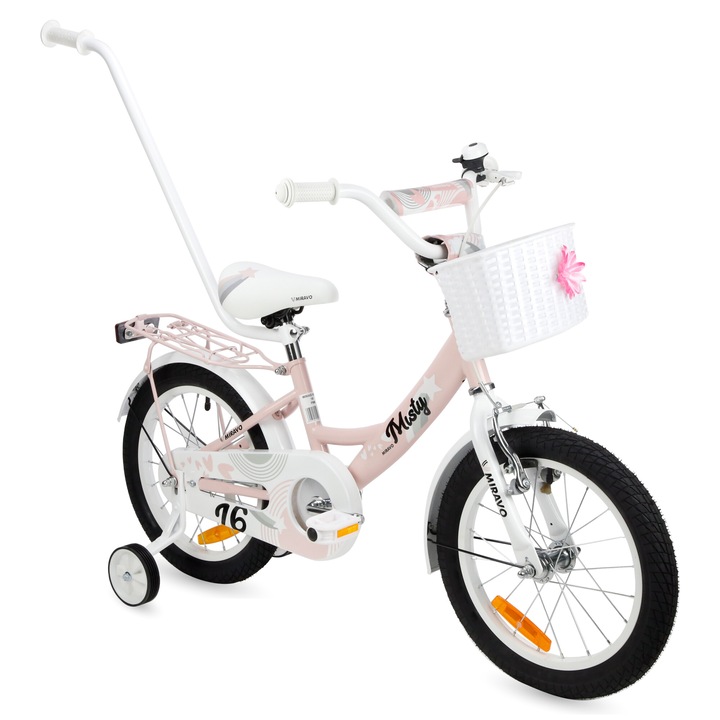 Детски велосипед, Miravo, 16 инча, Розов/бял, За момичета, С педали, V-образна спирачка, Алуминиеви джанти, Предпазител за веригата, Тегло 11 кг, За деца от 4 години, Височина 100-120 см