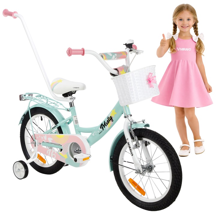 Bicicleta copii, Miravo, 16 inch, Verde menta, Pentru fete, Cu pedale, Protectie pentru lant, Frana v, Otel inoxidabil, Aluminiu, Greutate 11 kg, Pentru copii cu varsta de 4-6 ani, Inaltime 100-120 cm, An de fabricatie 2023