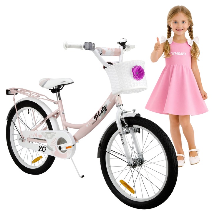 Bicicleta copii, Miravo, 20", Alb-roz, Frana v, Otel inoxidabil, Aluminiu, Pentru fete, Greutate 12 kg, Inaltime recomandata 110-140 cm, Protectie pentru lant, 2025
