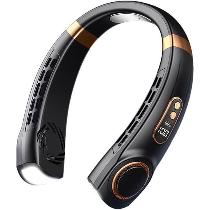 Преносим вентилатор за врата, акумулаторен личен вентилатор без остриета, регулируем вентилатор без остриета, подходящ за работа, пътуване, офис, черен