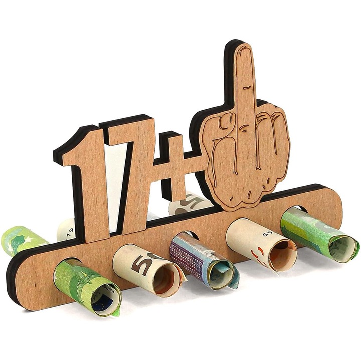 Cadou Amuzant pentru Majorat Giftota, Suport Bani din Lemn „17 + 1” – Idee de Cadou pentru 18 Ani, Familie si Prieteni