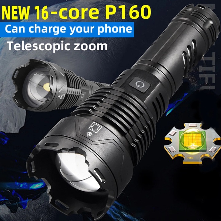 Телескопично варио фенерче, алуминиево, водоустойчиво, 19.3x6x3.5cm, комплект с батерия 5000mAh