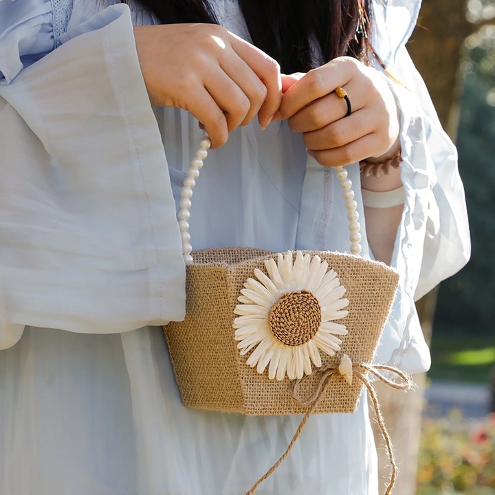 Кошница с цветя, дизайн с дръжки, 14x10x22см, ленен материал, за сватба