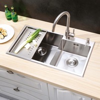 set chiuveta bucatarie cu 2 cuve inox horeca dubla cookingaid afrodita cu 3 accesorii scurgator vase  gratar inox  dozator sapun 760 mm x 430 mm adancime cuva 210 mm montare pe blat finisaj satinat imagen 34_0_
0