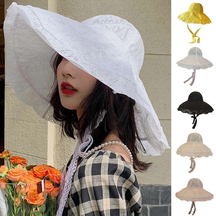 Дамска шапка, бяла, дантела, широка периферия, обиколка 56-58см