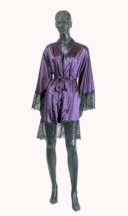 Puha, lila szatén női fürdőköpeny chantilly csipkével, Lila orgona