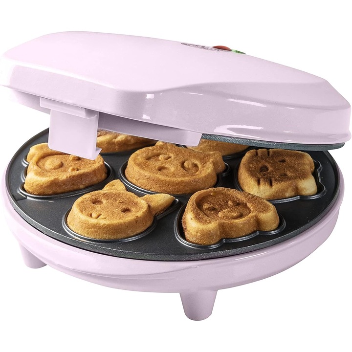 Aparat pentru mini vafe Bestron, Sweet Dreams Collection, 700 W, cu forme de animalute, anti-aderente, Roz