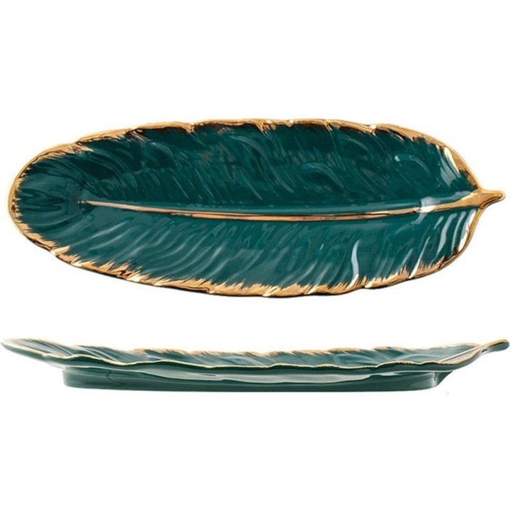 Farfurie din ceramica, Ronyes, forma de pana, verde, 36x12,5x2,5 cm